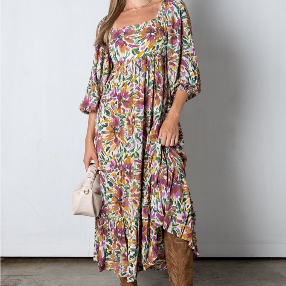 Boho Floral Maxi Dress - Purple & Mustard